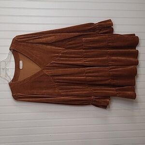 New In Soft Brown Corduroy Longsleeve Tiered Dress Size L